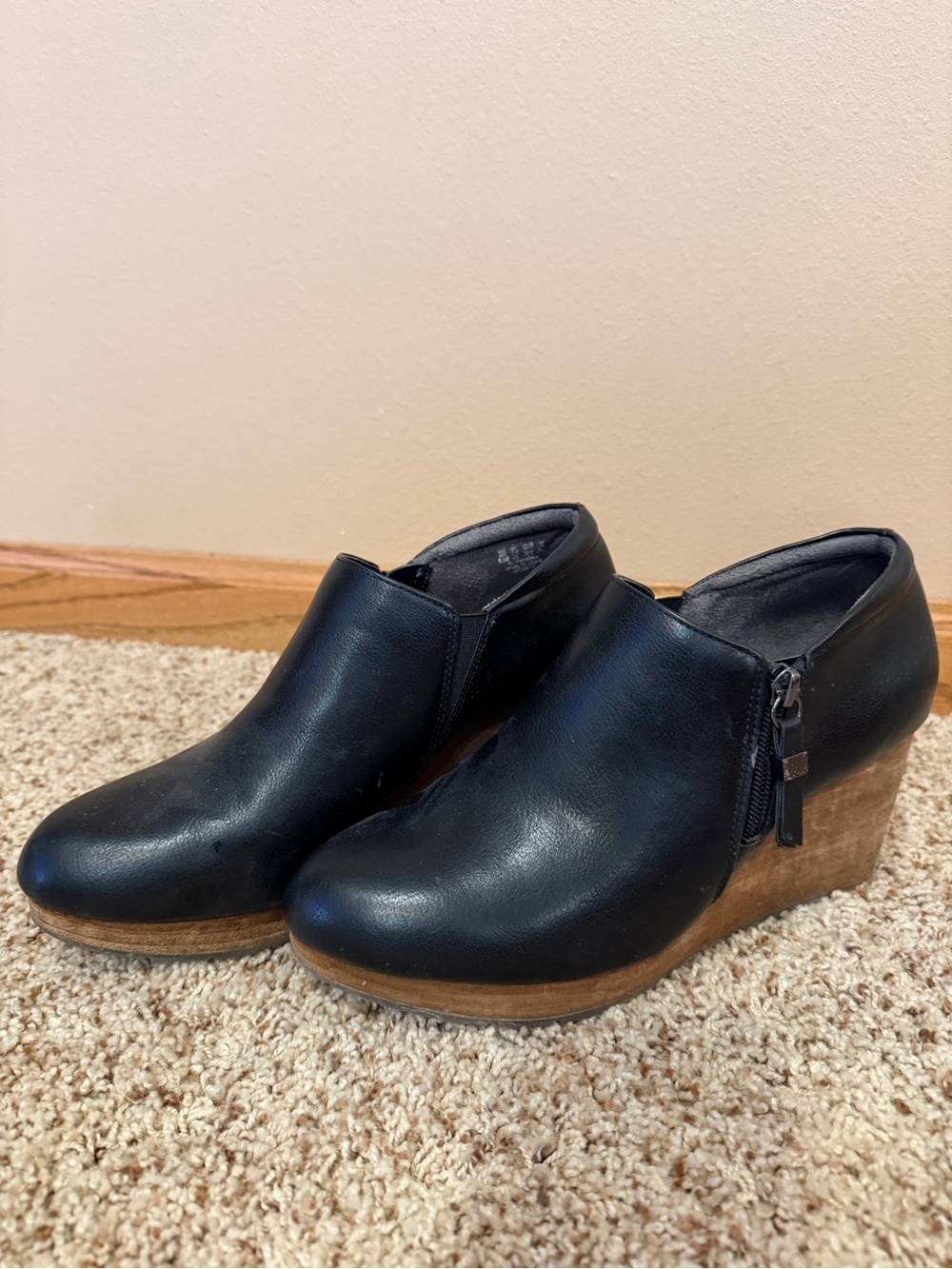 Dr. Scholl's Black Leather Wedge Booties with Wood-Look Heel
